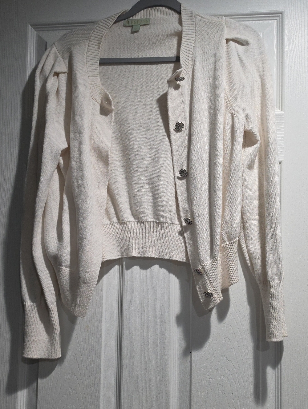 Light Cream Button-Front Knit Cardigan with Decorative Bling Buttons